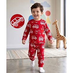 Babyhug 100% Cotton Knit Full Sleeves Co-Ords T-Shirt & Pyjama Night Suit with Vehicle Print - Red