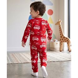 Babyhug 100% Cotton Knit Full Sleeves Co-Ords T-Shirt & Pyjama Night Suit with Vehicle Print - Red