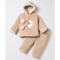 Babyhug Woven Full Sleeves Hooded Winter Wear Suit with Bear Ear Applique in Brown