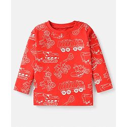 Babyhug Cotton Knit Full Sleeves Co-ord T-Shirt & Pajama Night Suit with Construction Vehicles Print - Red