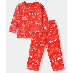 Babyhug Cotton Knit Full Sleeves Co-ord T-Shirt & Pajama Night Suit with Construction Vehicles Print - Red