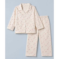 Babyhug 100% Cotton Knit Full Sleeves Co-Ords Shirt & Pyjama Night Suit with Bird Print - Offwhite
