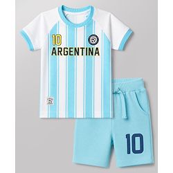 Babyhug 100% Cotton Knit Half Raglan Sleeves Argentina Printed T-Shirt & Shorts Set - Light Blue