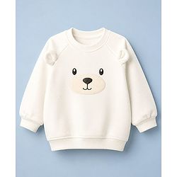 Babyhug Velour Knit Full Sleeves Winter Wear Suit Bear Print & Applique & Cap - Cream