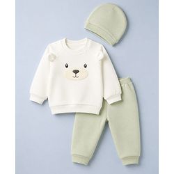 Babyhug Velour Knit Full Sleeves Winter Wear Suit Bear Print & Applique & Cap - Cream