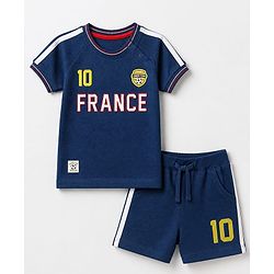 Babyhug 100% Cotton Single Jersey Knit Half Sleeves France Jersey Printed T-Shirt & Shorts Set - Navy