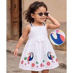 Babyhug Rayon Woven Sleeveless Dress with Toucan Embroidery - White