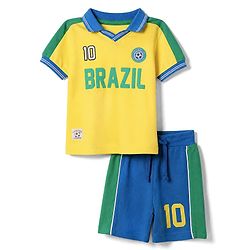 Babyhug 100% Cotton Single Jersey Knit Half Sleeves T-Shirt & Shorts Set With Text Print - Yellow & Blue