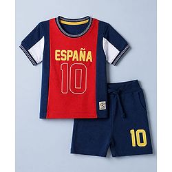 Babyhug 100% Cotton Single Jersey Knit Half Sleeves T-Shirt and Shorts Set with Espana Text Print - Red & Navy
