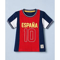 Babyhug 100% Cotton Single Jersey Knit Half Sleeves T-Shirt and Shorts Set with Espana Text Print - Red & Navy