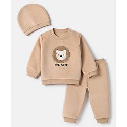 Babyhug Velour Knit Full Sleeves Winter Wear Suit With Lion Print & Cap - Tan