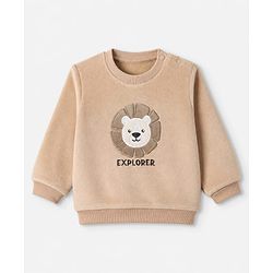 Babyhug Velour Knit Full Sleeves Winter Wear Suit With Lion Print & Cap - Tan