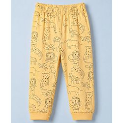 Babyhug Cotton Knit Full Sleeves T-Shirt & Pajama Night Suit and Lion Cheetah Hippo Monkey Turtle Giraffe Print - Yellow