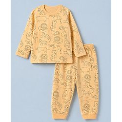 Babyhug Cotton Knit Full Sleeves T-Shirt & Pajama Night Suit and Lion Cheetah Hippo Monkey Turtle Giraffe Print - Yellow
