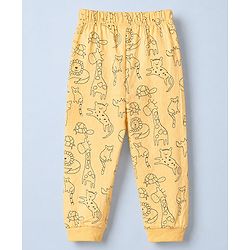 Babyhug Cotton Knit Full Sleeves T-Shirt & Pajama Night Suit and Lion Cheetah Hippo Monkey Turtle Giraffe Print - Yellow
