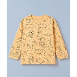 Babyhug Cotton Knit Full Sleeves T-Shirt & Pajama Night Suit and Lion Cheetah Hippo Monkey Turtle Giraffe Print - Yellow