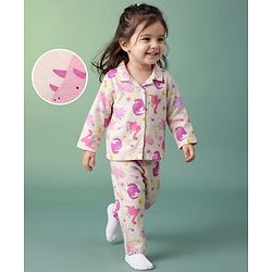 Babyhug 100% Cotton Knit Full Sleeves Co-Ords Shirt & Pyjama Night Suit with Animal Print - Offwhite