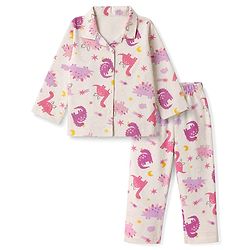 Babyhug 100% Cotton Knit Full Sleeves Co-Ords Shirt & Pyjama Night Suit with Animal Print - Offwhite