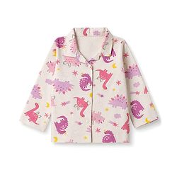 Babyhug 100% Cotton Knit Full Sleeves Co-Ords Shirt & Pyjama Night Suit with Animal Print - Offwhite