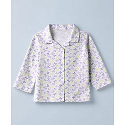 Babyhug Cotton Knit Front Open Full Sleeves Co-ord Shirt & Pajama Night Suit with Butterfly Print - White