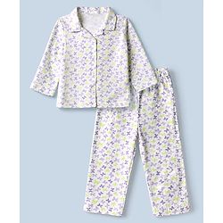 Babyhug Cotton Knit Front Open Full Sleeves Co-ord Shirt & Pajama Night Suit with Butterfly Print - White