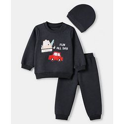 Babyhug Velour Knit Full Sleeves Winter T-Shirt & Jogger with Cap & Excavator Embroidered Patch - Navy Blue