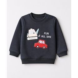 Babyhug Velour Knit Full Sleeves Winter T-Shirt & Jogger with Cap & Excavator Embroidered Patch - Navy Blue