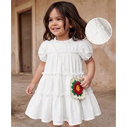 Babyhug Cotton Woven Dress and Purse with Half Sleeves in Offwhite