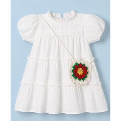 Babyhug Cotton Woven Dress and Purse with Half Sleeves in Offwhite