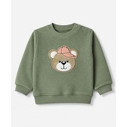 Babyhug Velour Knit Full Sleeves Winter T-Shirt and Jogger with Cap and Bear Patch - Dark Green