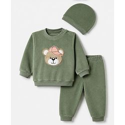 Babyhug Velour Knit Full Sleeves Winter T-Shirt and Jogger with Cap and Bear Patch - Dark Green