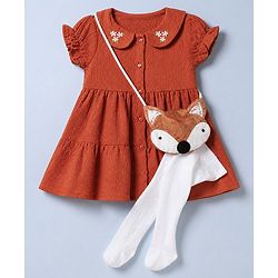 Babyhug Viscose Woven Frock and Leggings Set with Half Sleeves and Fox Applique in Orange