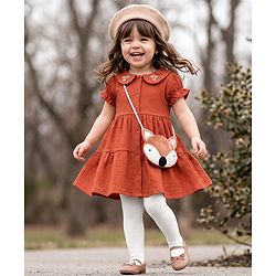 Babyhug Viscose Woven Frock and Leggings Set with Half Sleeves and Fox Applique in Orange