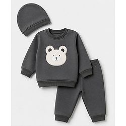 Babyhug Velour Knit Full Sleeves Winter Wear Suit With Bear Patch & Cap - Grey