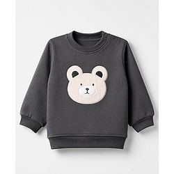 Babyhug Velour Knit Full Sleeves Winter Wear Suit With Bear Patch & Cap - Grey