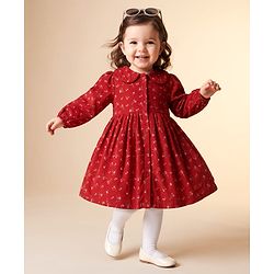 Babyhug Woven Frock and Leggings with Full Sleeves and Floral Print - Red