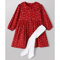 Babyhug Woven Frock and Leggings with Full Sleeves and Floral Print - Red