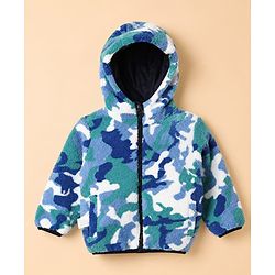 Babyhug Fur Woven Hoodies with Full Sleeves and Camouflage Print in Blue for 12-18 Months