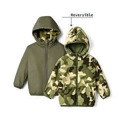 Babyhug Fur Woven Reversible Jackets with Full Sleeves and Camouflage Print in Olive Green