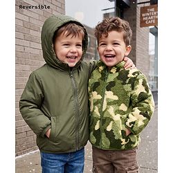 Babyhug Fur Woven Reversible Jackets with Full Sleeves and Camouflage Print in Olive Green