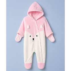 Babyhug Fur Woven Full Sleeves Hooded Footed Winter Wear Rompers With Applique - Light Blue