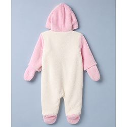 Babyhug Fur Woven Full Sleeves Hooded Footed Winter Wear Rompers With Applique - Light Blue