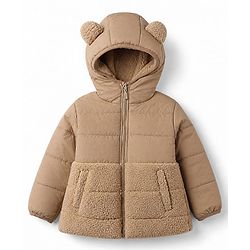 Babyhug Woven Padded Winter Jacket  Full Sleeves with Fur & Ear Applique - Beige