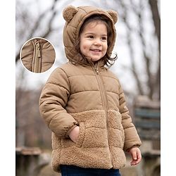 Babyhug Woven Padded Winter Jacket  Full Sleeves with Fur & Ear Applique - Beige