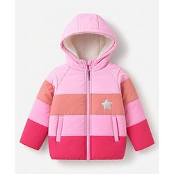 Babyhug Woven Padded Hooded Winter Jacket with Full Sleeves and Star Patch - Pink