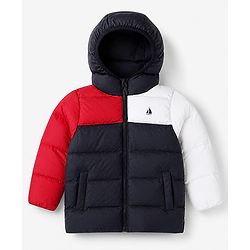 Babyhug Woven Full Sleeves Hooded Padded Winter Jacket With Boat Embroidery - Navy Blue