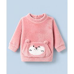 Babyhug Fur Woven Full Sleeves Winter Wear Suit With Bear Patch - Pink