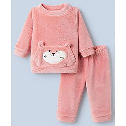 Babyhug Fur Woven Full Sleeves Winter Wear Suit With Bear Patch - Pink