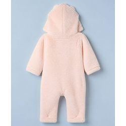 Babyhug Fur Woven Full Length Romper with Full Sleeves and Cat Face Embroidery - Peach