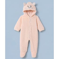 Babyhug Fur Woven Full Length Romper with Full Sleeves and Cat Face Embroidery - Peach